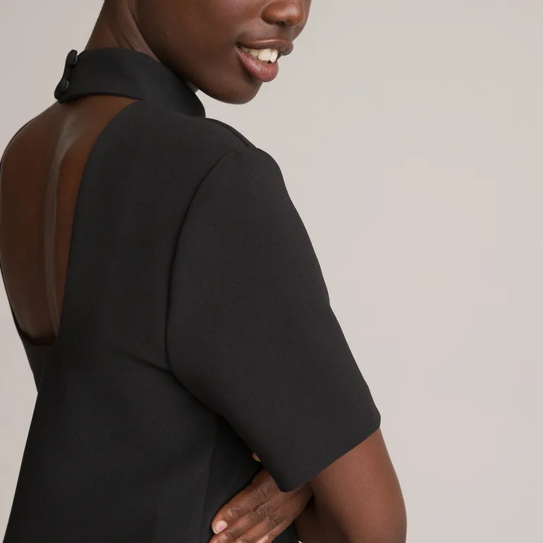 Recycled Mini Shift Dress with Cutout Back and High Neck - 2