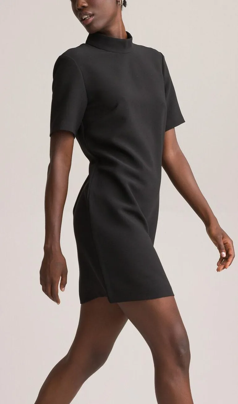 Recycled Mini Shift Dress with Cutout Back and High Neck