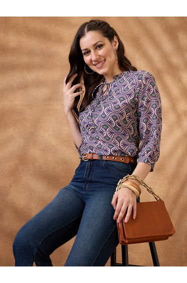 Blue Tie-Up Neck Ethnic Print Workwear Tunic