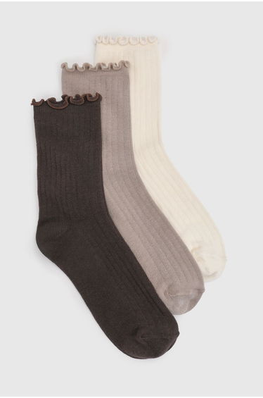 Ribbed Frilled Trim Socks 3 Pack - beige