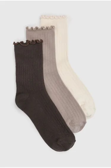 Ribbed Frilled Trim Socks 3 Pack - beige