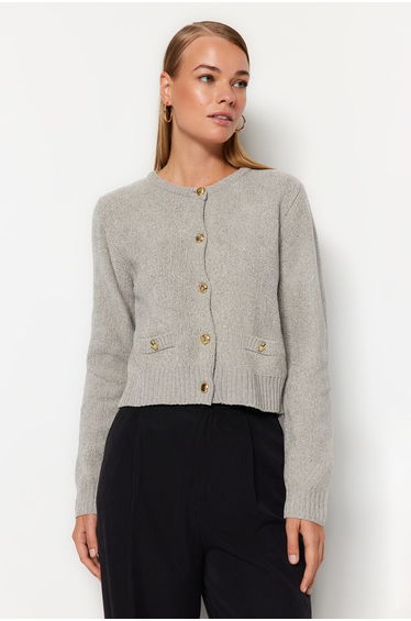 Gray Premium Yarn/Special Yarn Knitwear Cardigan