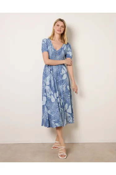 Shirred Button V Neck Midi Dress