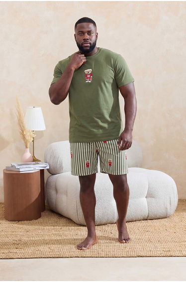 Big Size Khaki Regular Cut Striped Teddy Bear Patterned Knitted Pajama Set