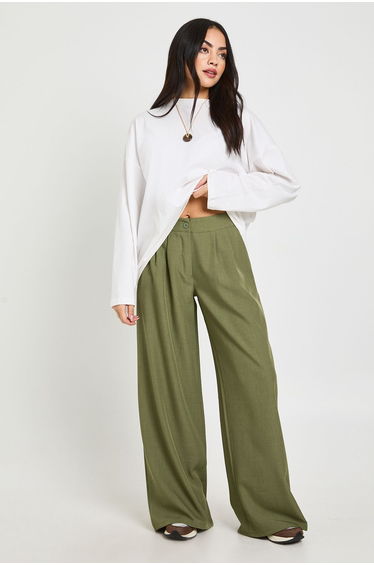 Woven Tailored Pleated Wide Leg Trouser - khaki