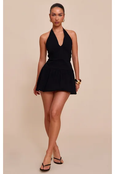 فستان منفوخ إستريتش بياقة عميقة - أسود