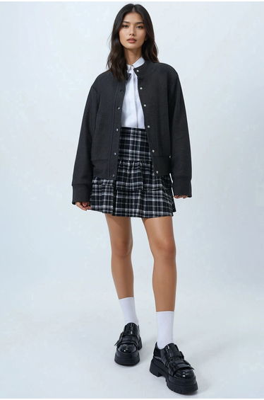 Women's Anthracite Soft Textured Double Pocket Bomber Jacket with Fleece Inside