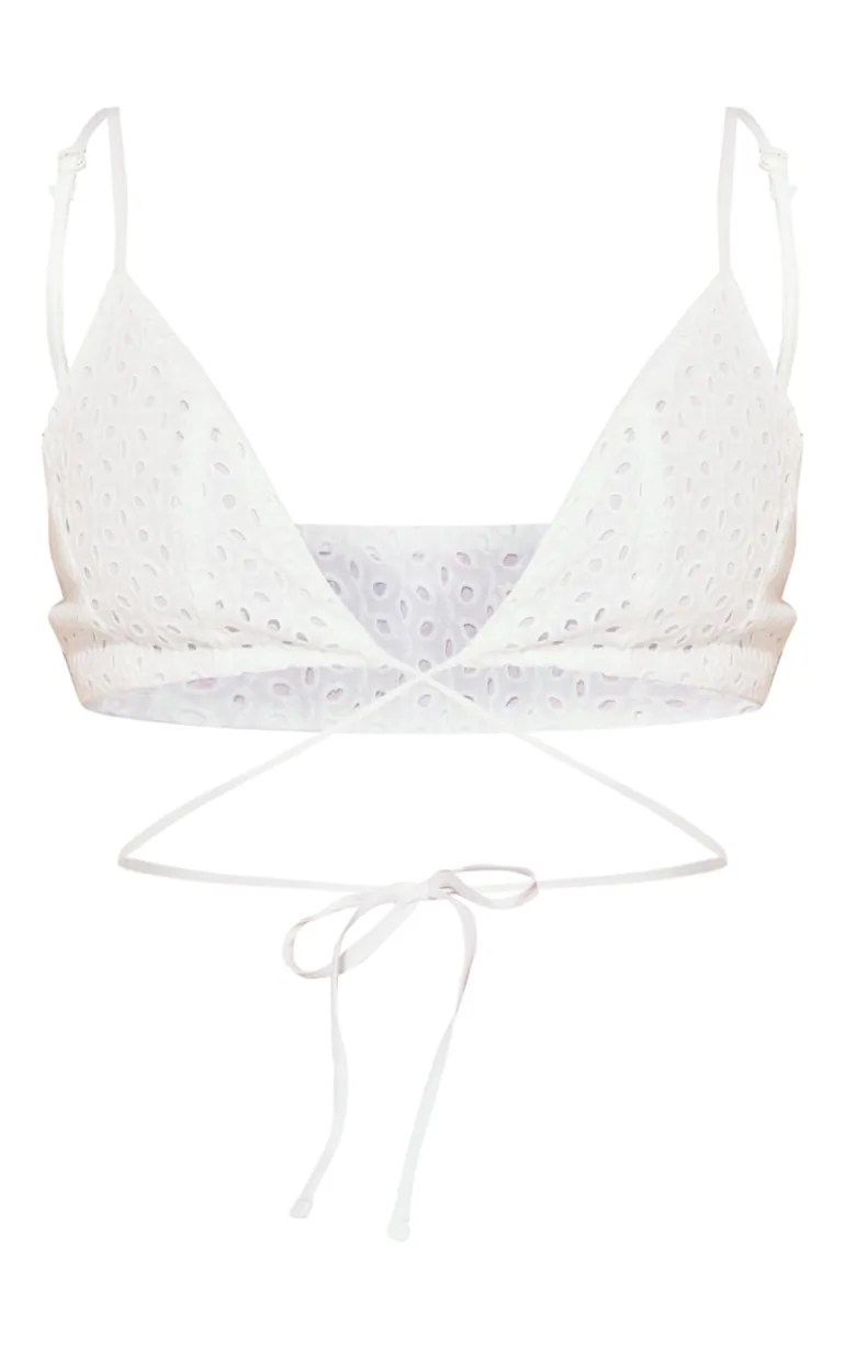 White Broderie Anglais Tie Front Triangle Bralet - 3