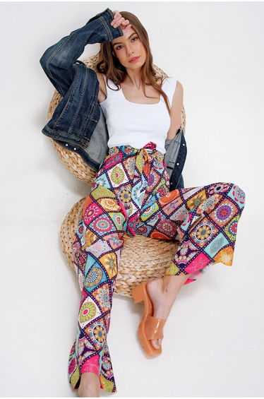 Women's Fuchsia Patterned Comfortable Cut Pants