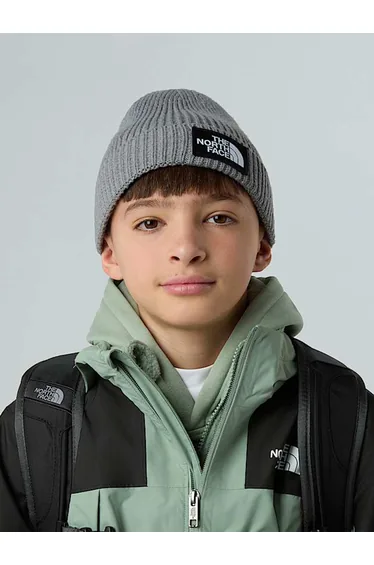 The North Face Kids Logo Box Cuffed Beanie in Grey