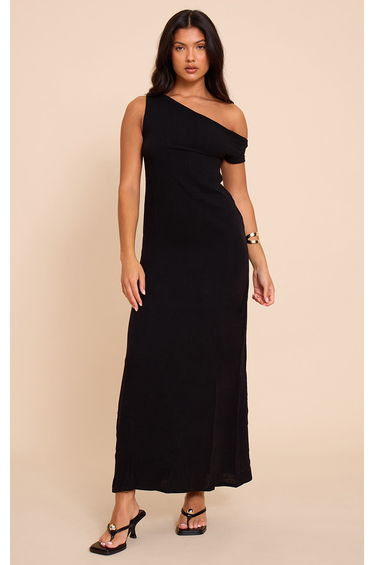 Black Textured Woven Asymmetric One Shoulder Maxi Dress