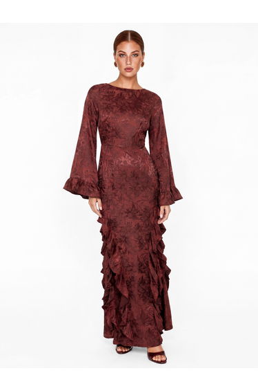 Maya Dark Red Floral Jacquard Waterfall Ruffle Satin Maxi Dress