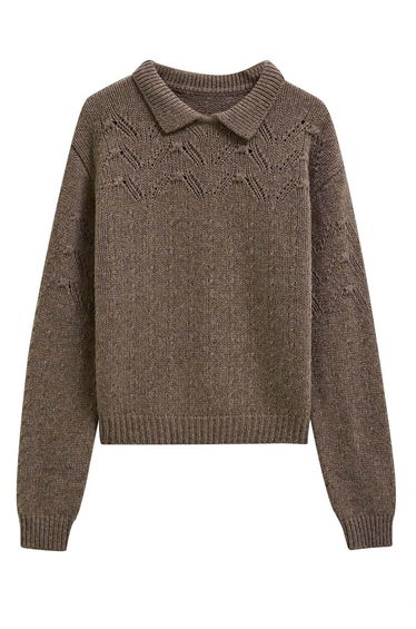 Flap Collar Hollow Out Knit Sweater in Taupe