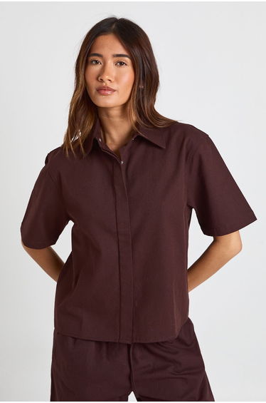 Chambray Button Through Shirt - chocolate