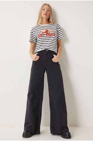 Women's Black Mid Waist Wide Leg Jeans