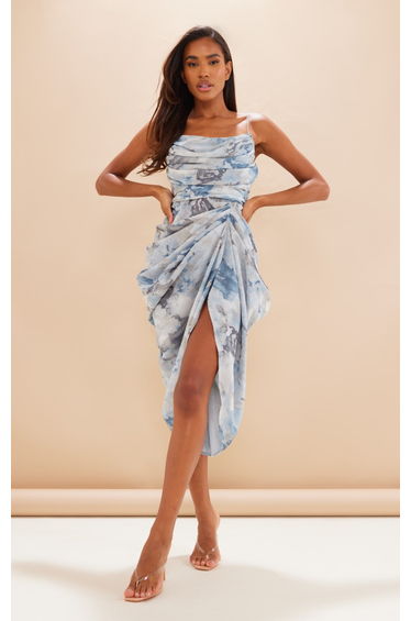 Grey Abstract Print Chiffon Ruched Drape Midaxi Dress