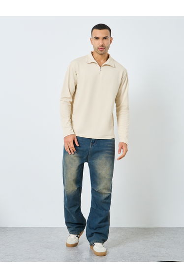 Men Cream Textured Quarter Zip Sweatshirt