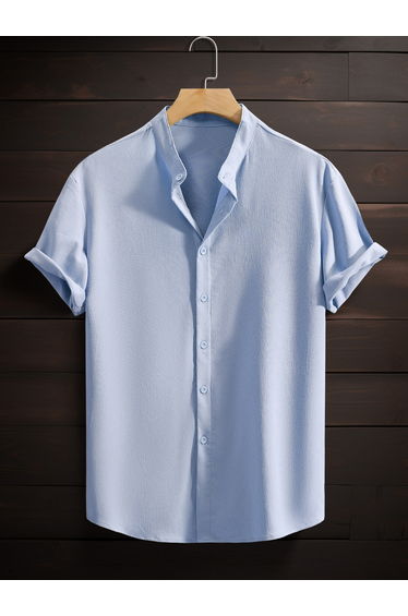 Men Blue Mandarin Collar Short Sleeve Shirt