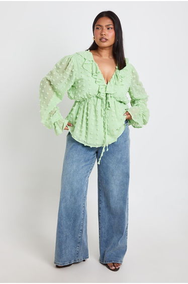 Plus Large Dobby Chiffon Ruffle Smock Top - sage