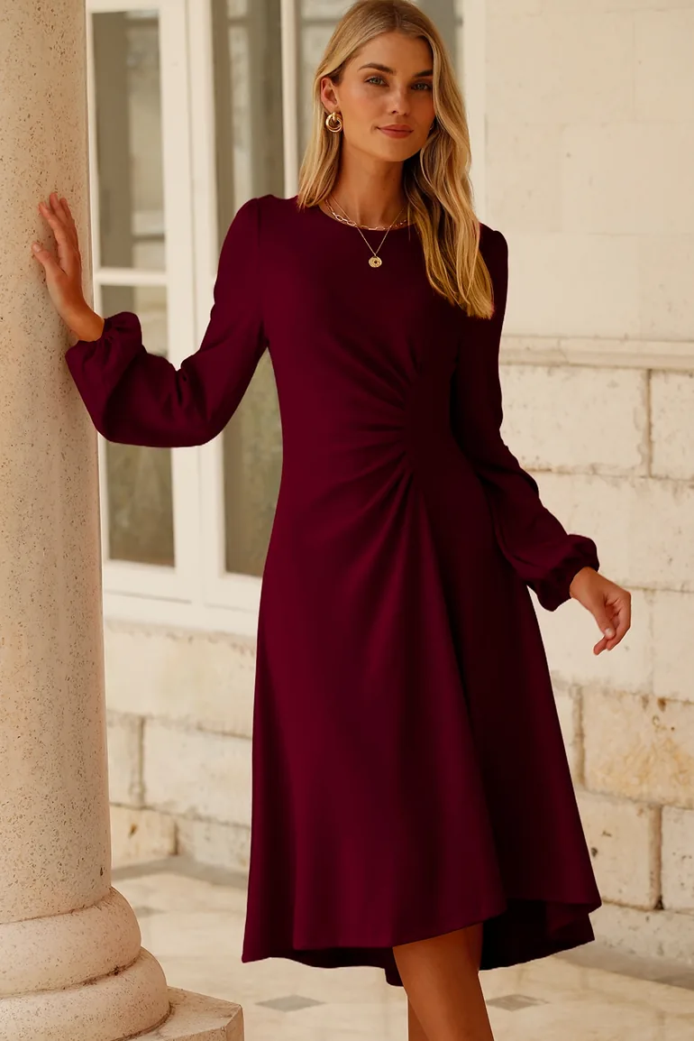 Lvness Burgundy Solid Color Ruched Detail Long Sleeve Midi Dress - 7