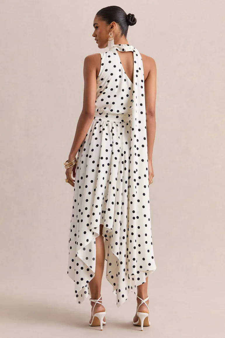 فستان ميدي بياقة غير متناظرة ساتان بتفصيلة وشاح بطبعة منقطة - أسود و أبيض - 1