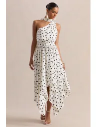 فستان ميدي بياقة غير متناظرة ساتان بتفصيلة وشاح بطبعة منقطة - أسود و أبيض - 4