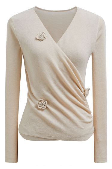 Stitch Flower Crisscross Front Knit Top in Oatmeal