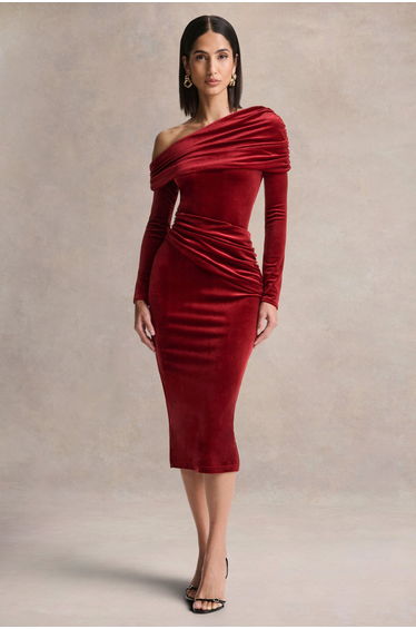 Eirene | Berry Velvet Asymmetric-Neck Midi Dress