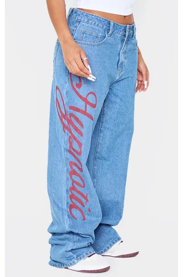 Shape Light Blue Wash Low Rise Slogan wide Leg Denim Jeans