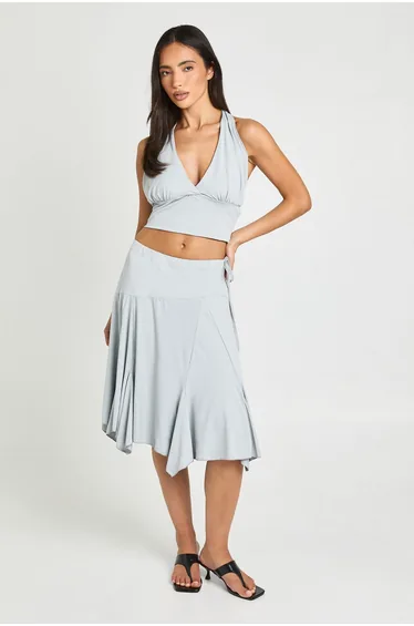 Seam Detail Tie Waist Hanky Hem Midi Skitr - grey