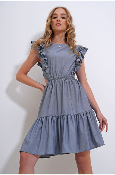 Women's Gray Boat Neck Low-cut Waist Poplin Dress