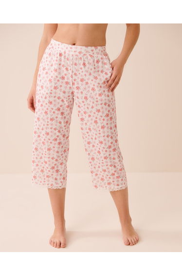 Hibiscus Print Lace Trim Pointelle Pajama Capris
