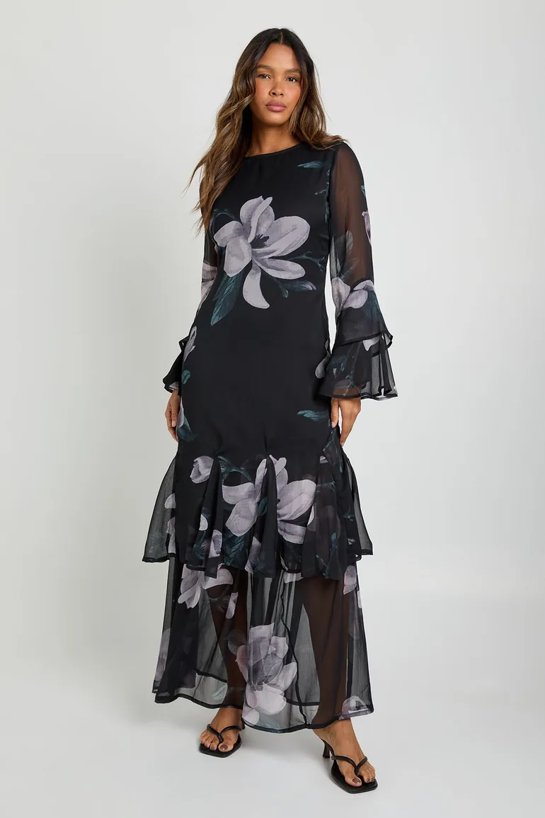 Floral Chiffon Godet Layered Maxi Dress - black