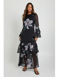 Floral Chiffon Godet Layered Maxi Dress - black