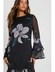 Floral Chiffon Godet Layered Maxi Dress - black - 3