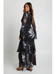 Floral Chiffon Godet Layered Maxi Dress - black - 1