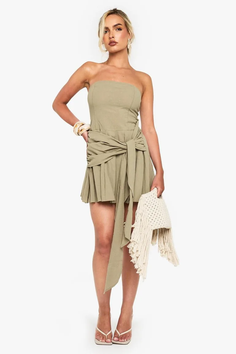 Linen Look pleated Wrap Mini Dress - green