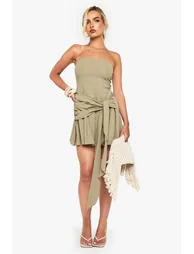 Linen Look pleated Wrap Mini Dress - green