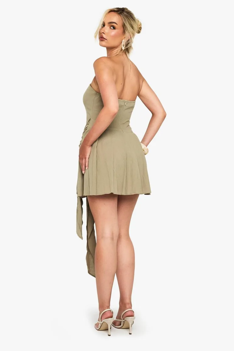 Linen Look pleated Wrap Mini Dress - green - 2