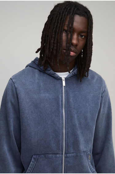 Essential Washed Boxy Zip Through Hoodie - navy