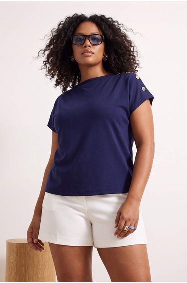 Navy Blue Regular Fit High Neck Accessory Detailed Crop Soft Touch Knitted Plus Size Blouse