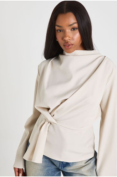 Marl Knot Detail Long Sleeve Top - ecru
