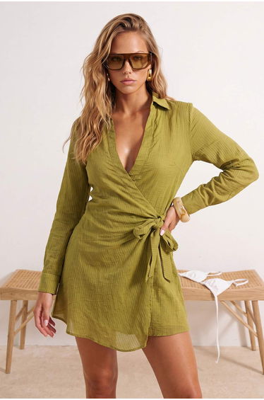 Khaki Woven Mini Regular Tulle Beach Dress