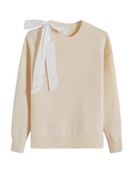 Satin Tie-Bow Crew Neck Ribbed Knit Sweater in Cream for Daily Casual & Coffee Date