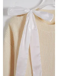 Satin Tie-Bow Crew Neck Ribbed Knit Sweater in Cream for Daily Casual & Coffee Date - 1