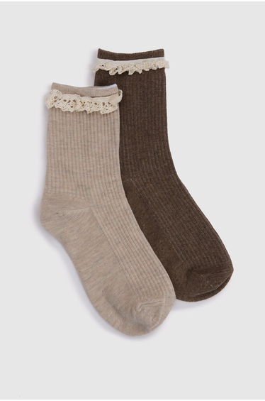 Tonal Ribbed Frilly Socks 2 Pack - beige