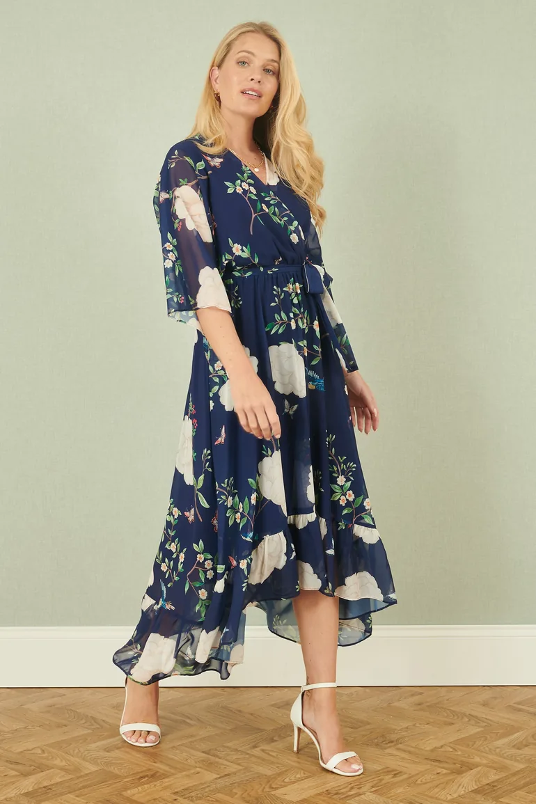 Yumi Navy Bird and Floral Print Midi Wrap Dress - 3