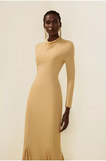 Virginie Cowl Neckline Pleat Maxi Dress in Apricot