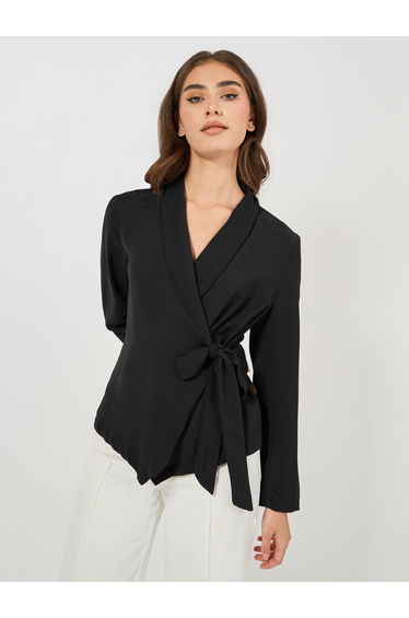 Notch Lapel Long Sleeves Wrap Top