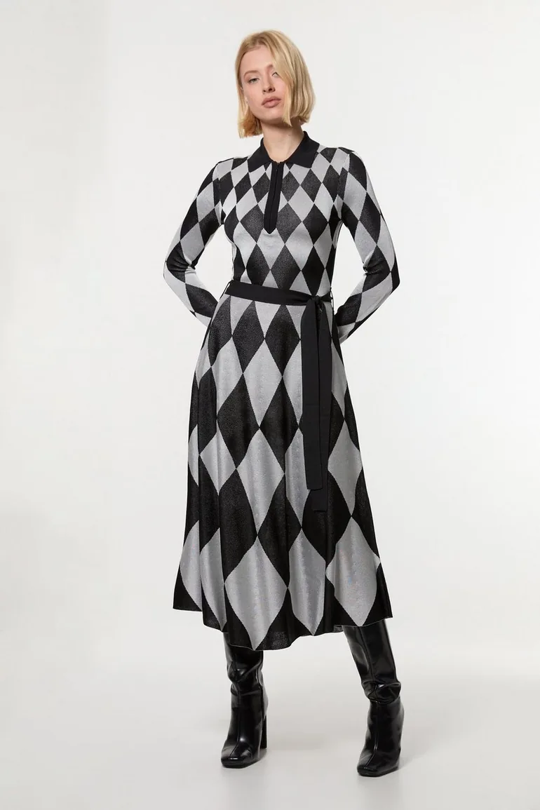 Petite Slinky Knit Mono Jacquard Belted Midaxi Dress